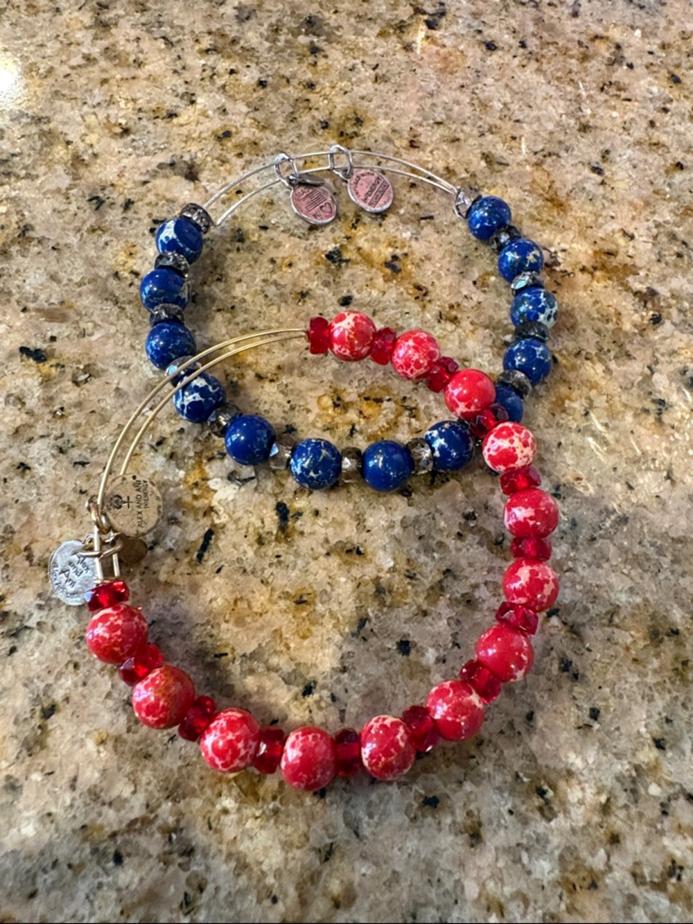 Alex and Ani marbled blue & red stone silver bracelet